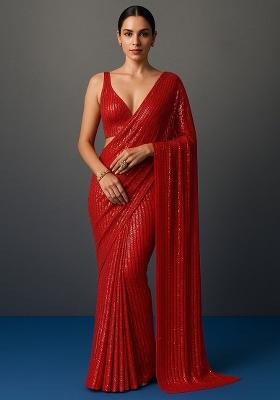 Red Sequin Work Net Pre Stitched Saree Set