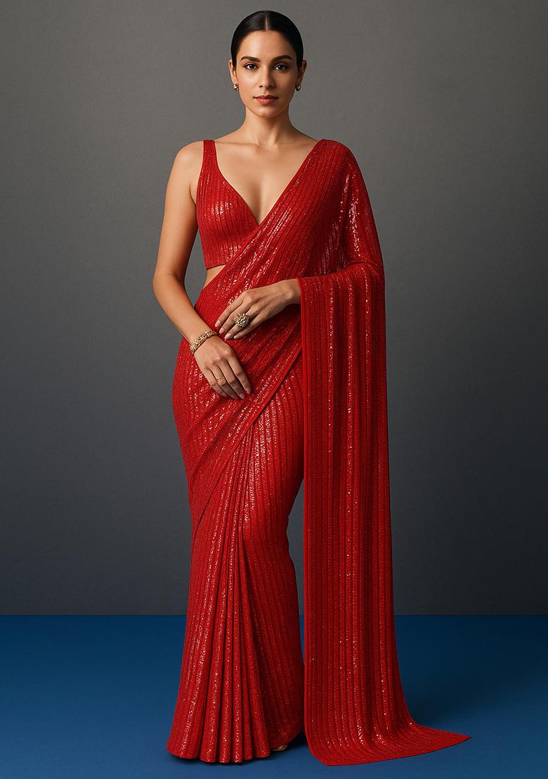 Red Sequin Work Net Pre Draped Saree Set