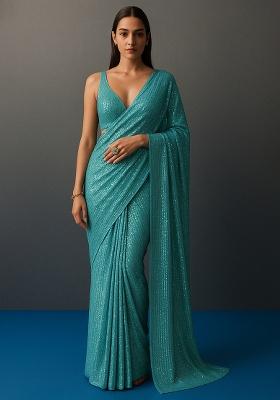 Sky Blue Sequin Work Net Pre Draped Saree Set