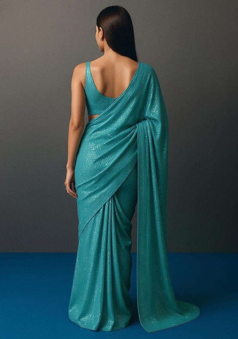 Sky Blue Sequin Work Net Pre Stitched Saree Set - Indya