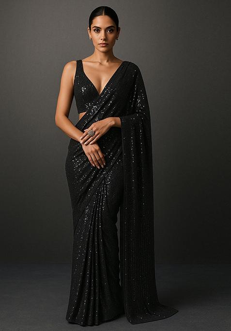 Black Sequin Work Net Pre Draped Saree Set