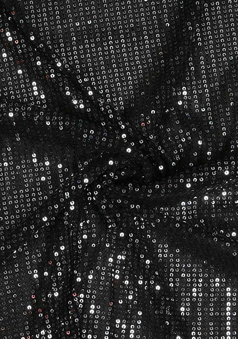 Black Sequin Work Net Pre Draped Saree Set