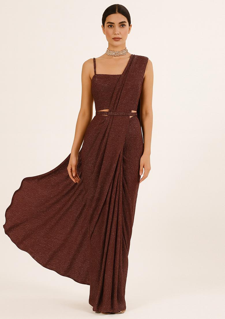 Brown Sequin Work Knit Pre Draped Saree Set