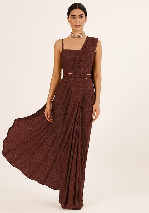 Brown Sequin Work Knit Pre Draped Saree Set