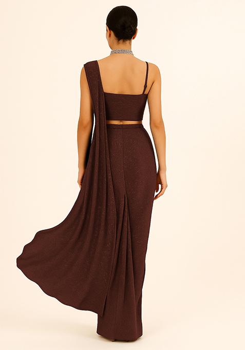 Brown Sequin Work Knit Pre Draped Saree Set