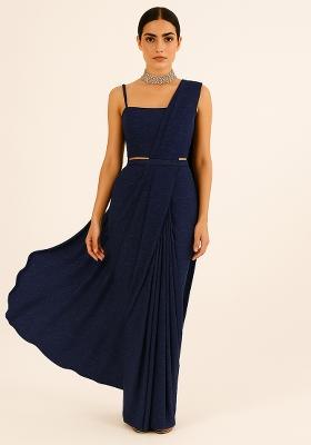 Blue Sequin Work Metallic Pleated Knitted Pre Stitched Saree Set