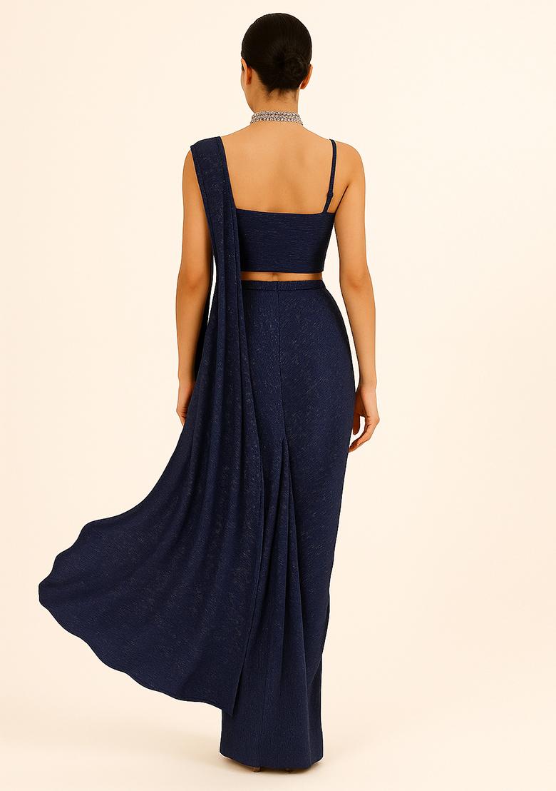 Blue Sequin Work Metallic Pleated Knit Pre Draped Saree Set