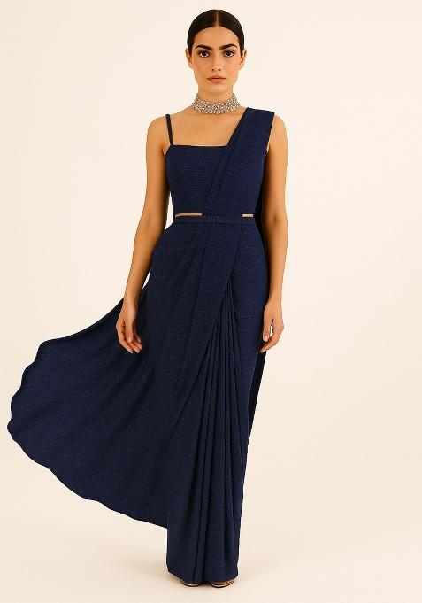 Blue Sequin Work Metallic Pleated Knit Pre Draped Saree Set