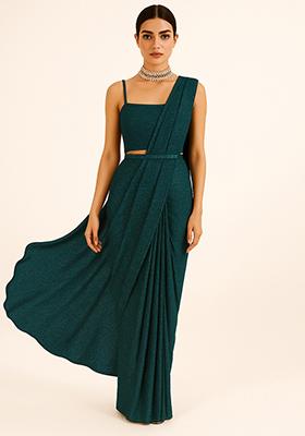 Green Sequin Work Pleated Knitted Pre Stitched Saree Set