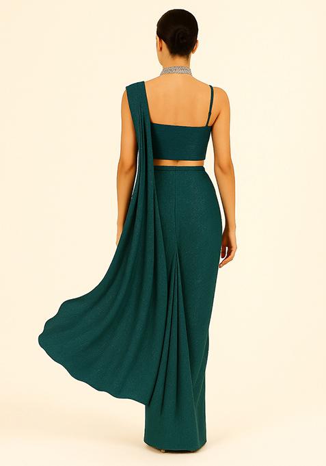 Green Sequin Work Pleated Knitted Pre Draped Saree Set