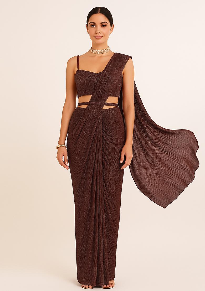 Brown Sequin Work Crinkle Knitted Pre Draped Saree Set