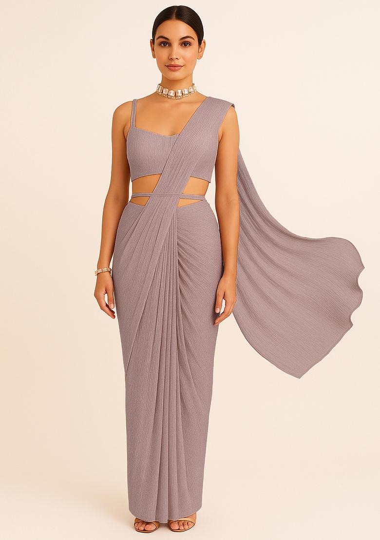 Peach Sequin Work Crinkle Knitted Pre Draped Saree Set