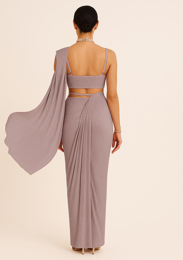 Peach Sequin Work Crinkle Knitted Pre Draped Saree Set