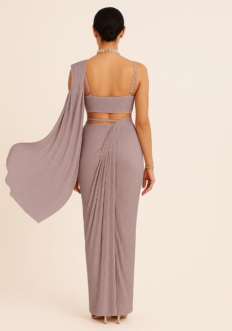 Peach Sequin Work Crinkle Knitted Pre Draped Saree Set