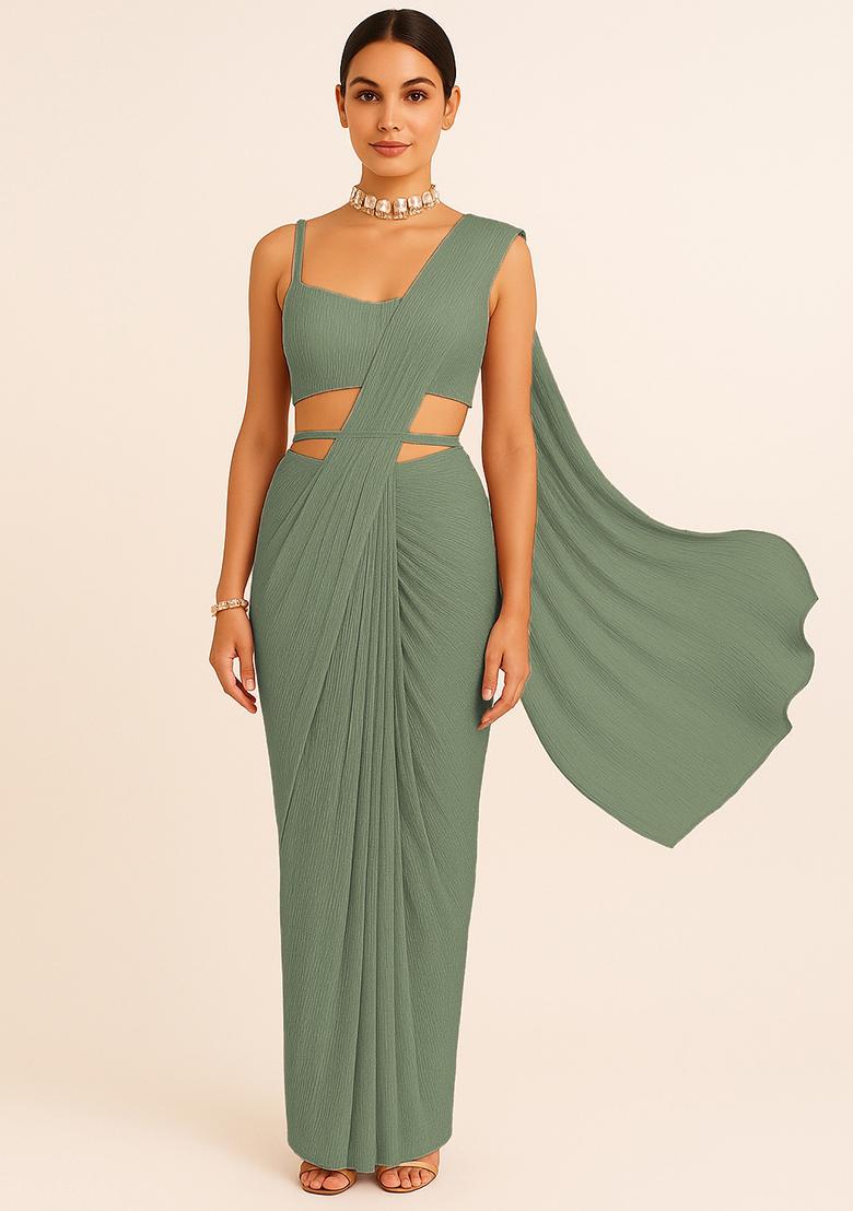 Green Sequin Work Lurex Crinkle Knit Pre Draped Saree Set