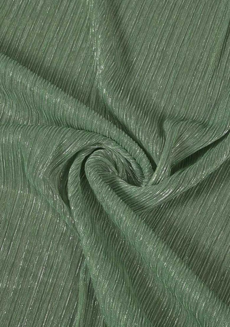 Green Sequin Work Lurex Crinkle Knit Pre Draped Saree Set