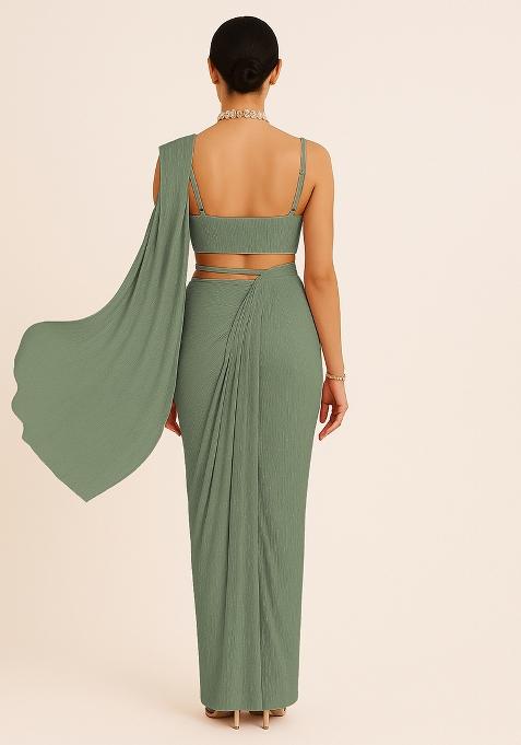 Green Sequin Work Lurex Crinkle Knit Pre Draped Saree Set