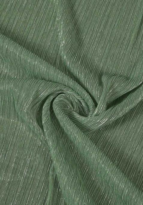 Green Sequin Work Lurex Crinkle Knit Pre Draped Saree Set