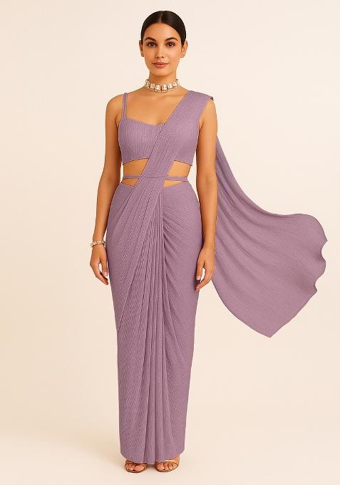 Pink Sequin Work Crinkle Knitted Pre Draped Saree Set