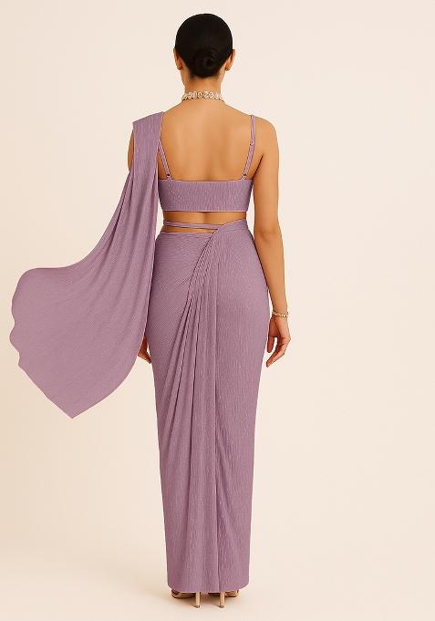 Pink Sequin Work Crinkle Knitted Pre Draped Saree Set