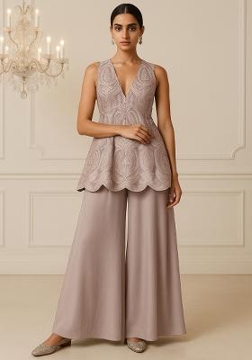 Beige Embroidered Chanderi Palazzo Set