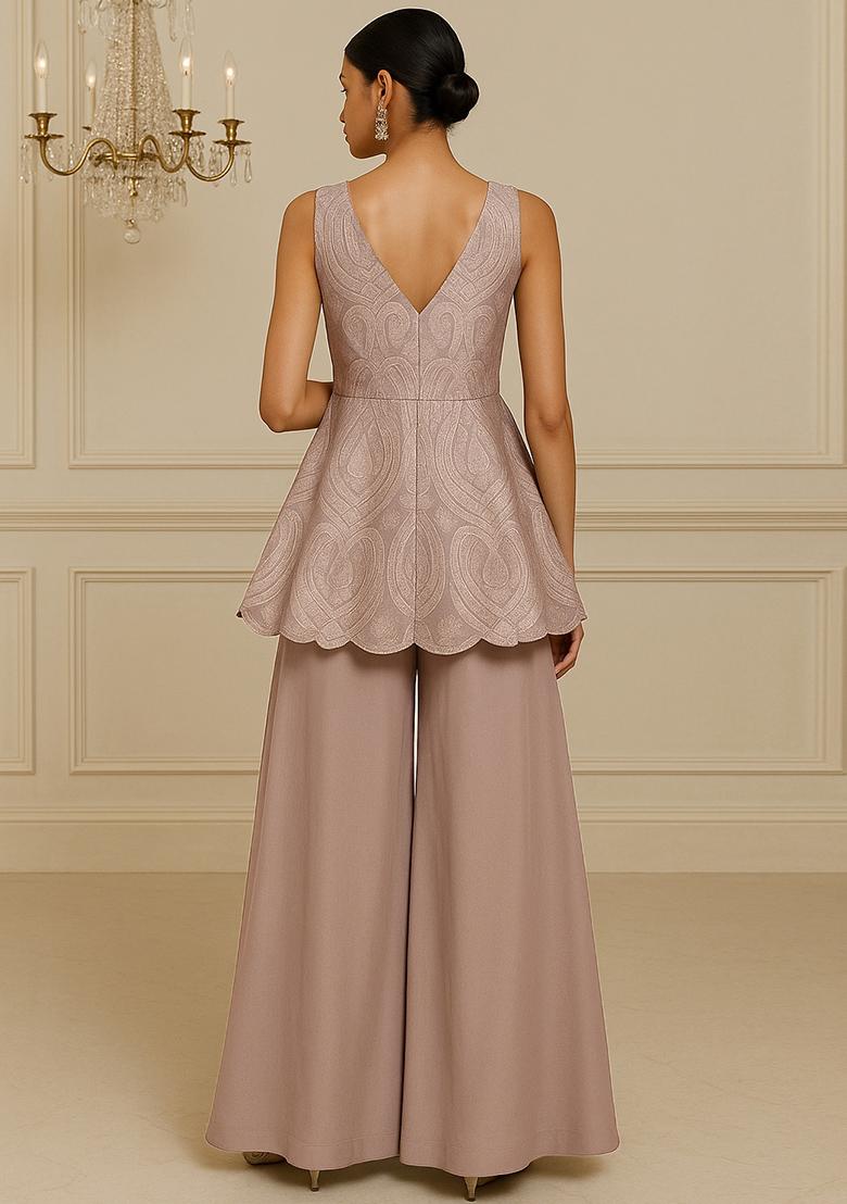 Beige Embroidered Chanderi Palazzo Set - Indya