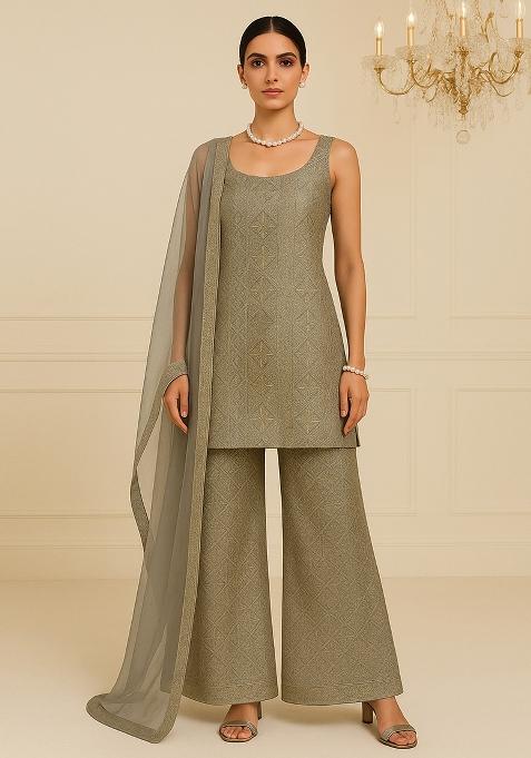 Green Embroidered Viscose Sharara Set