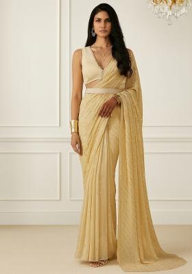 Yellow Embroidered Work Chinnon Pre Draped Saree Set