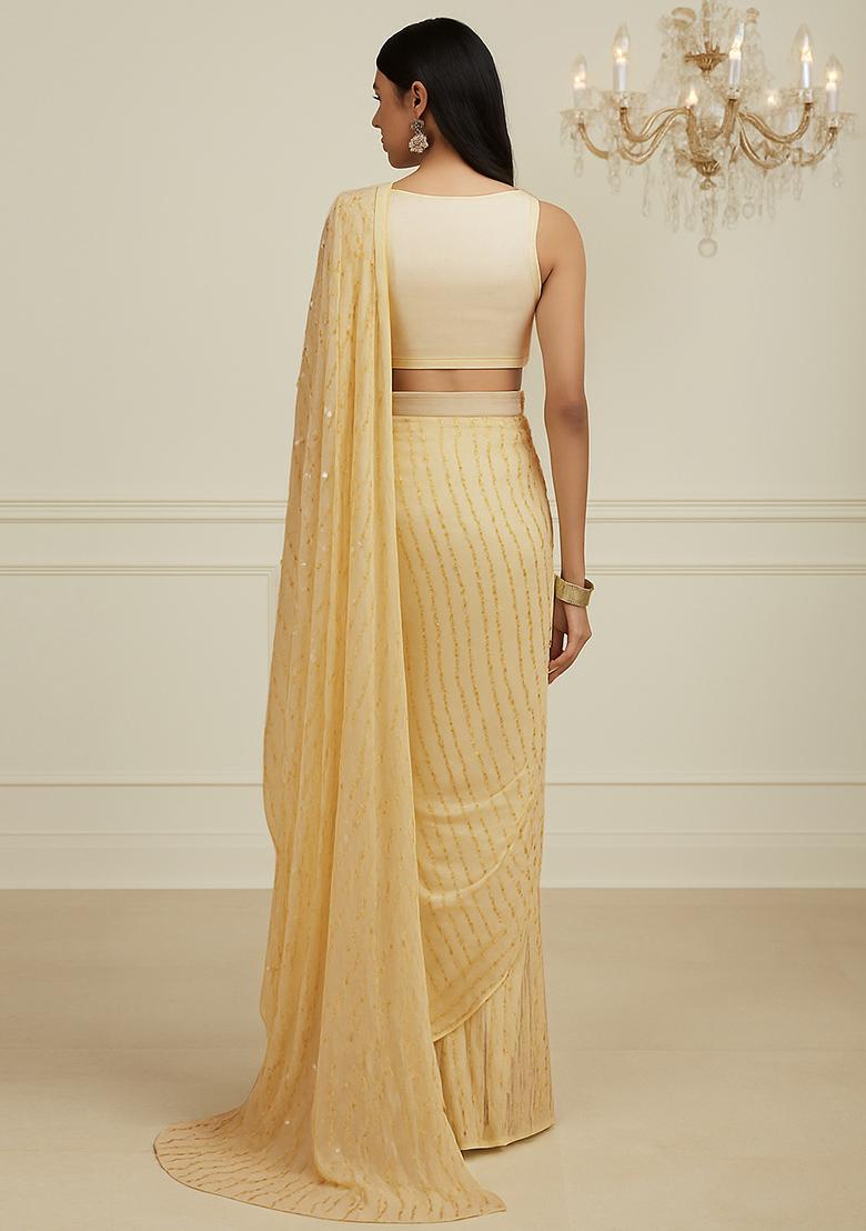 Yellow Embroidered Work Chinnon Pre Draped Saree Set - Indya