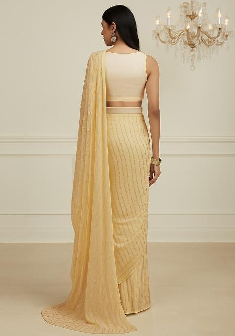 Yellow Embroidered Work Chinnon Pre Draped Saree Set