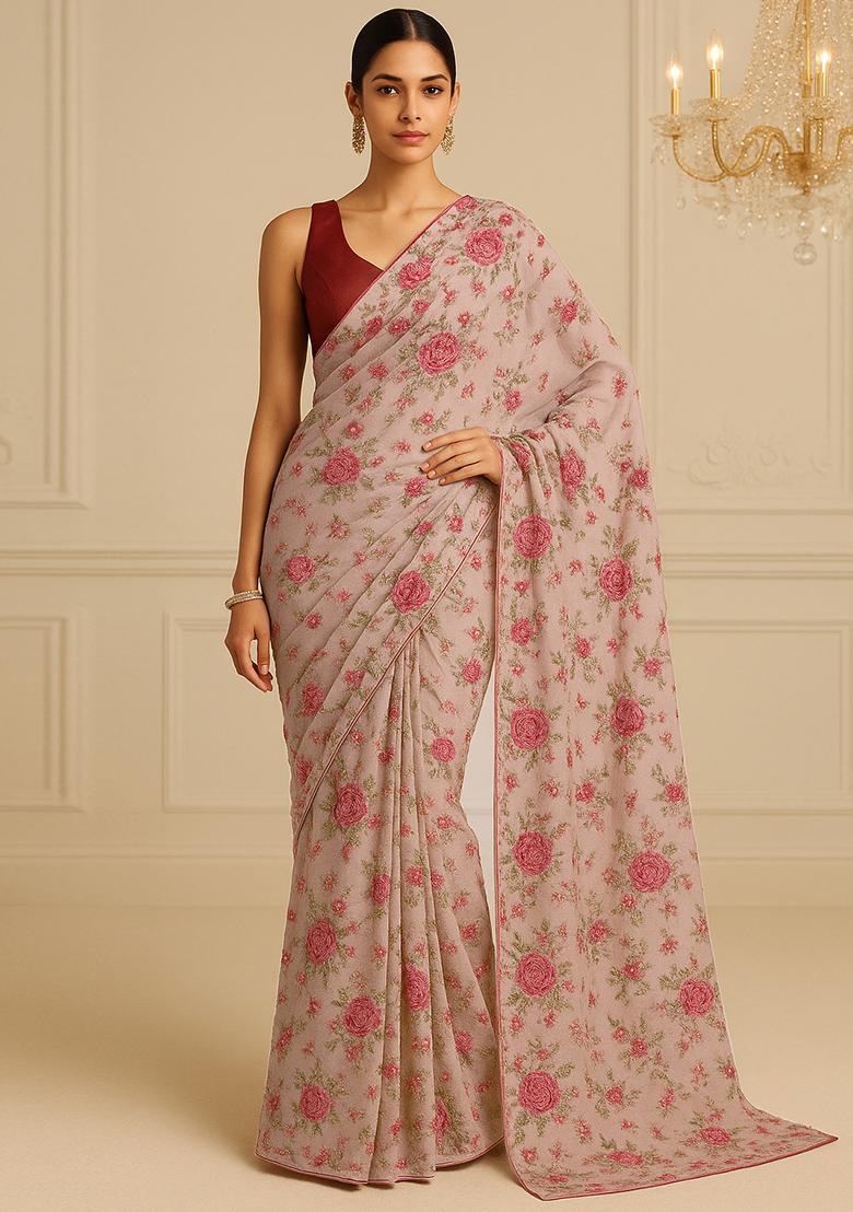 Pink Embroidered Work Georgette Pre Draped Saree Set