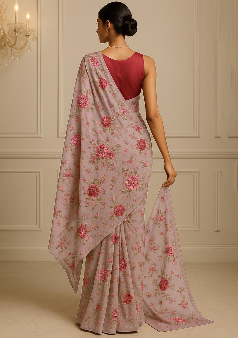 Beige Embroidered Work Georgette Pre Draped Saree Set - Indya