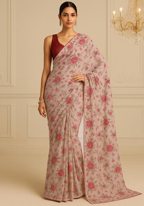 Pink Embroidered Work Georgette Pre Draped Saree Set
