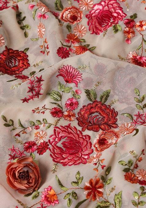 Pink Embroidered Work Georgette Pre Draped Saree Set