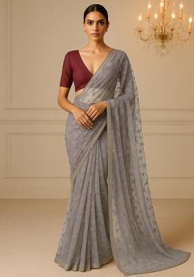 Brown Embroidered Work Net Pre Draped Saree Set