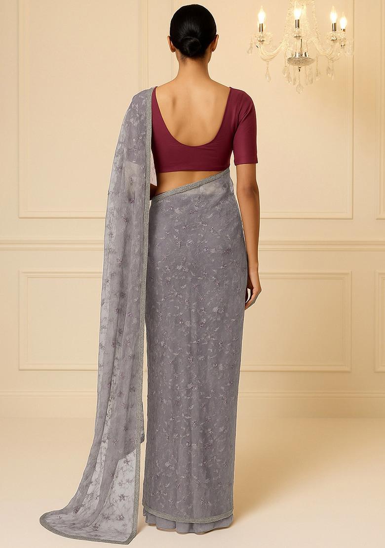 Brown Embroidered Work Net Pre Draped Saree Set