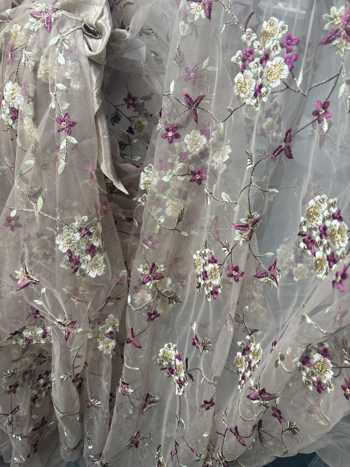 Brown Embroidered Work Net Pre Draped Saree Set