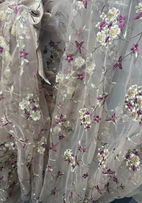 Brown Embroidered Work Net Pre Draped Saree Set