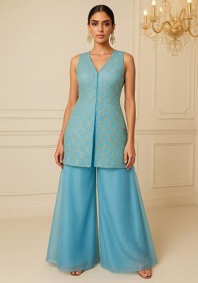 Sky Blue Embroidered Work Georgette Sharara Set