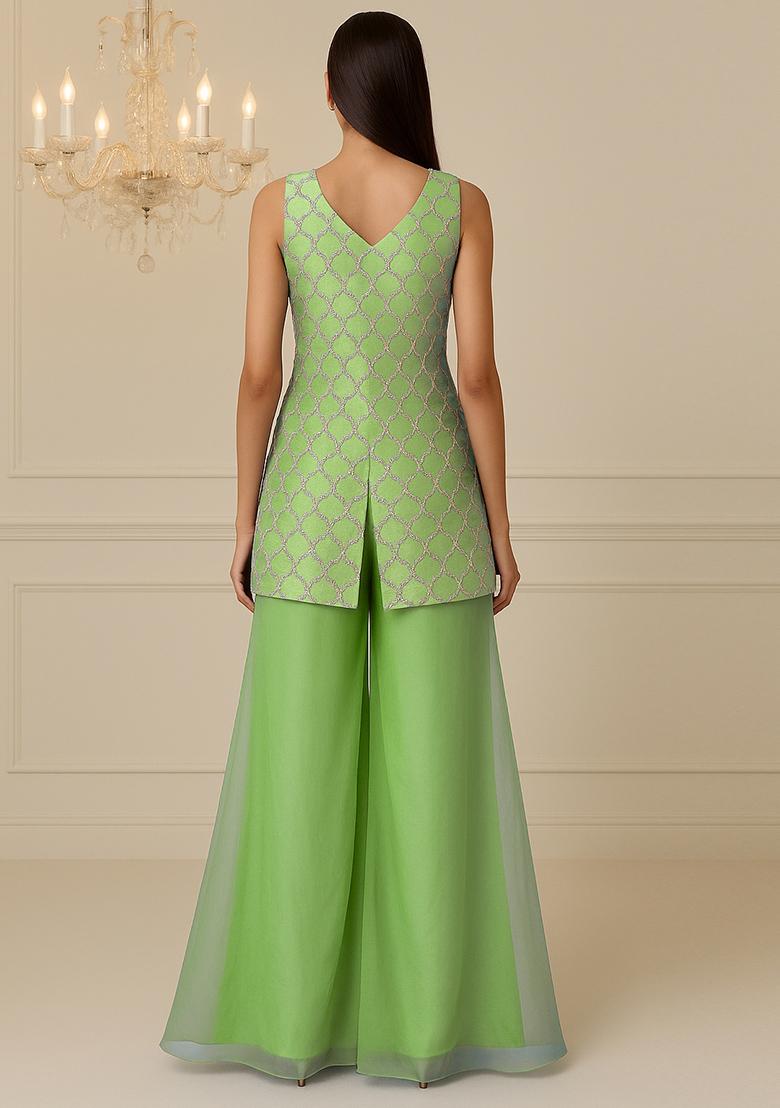 Parrot Green Embroidered Work Georgette Sharara Set - Indya