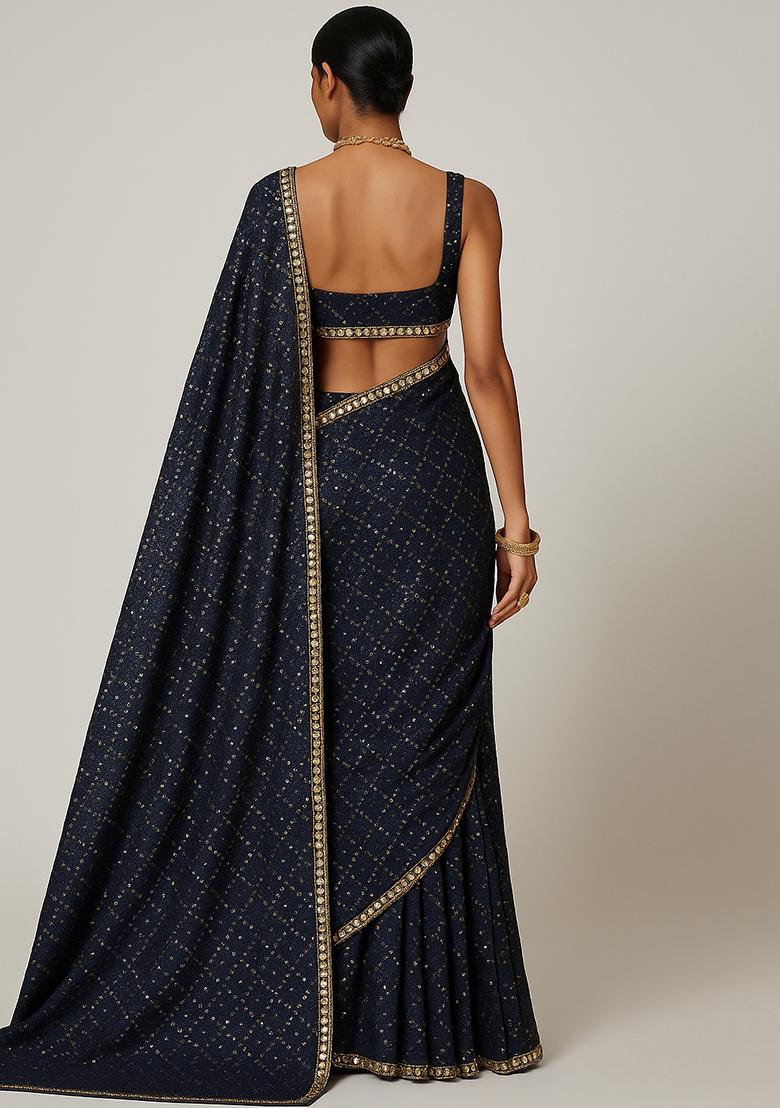 Navy Blue Embroidered Sequins Viscose Pre Draped Saree Set - Indya
