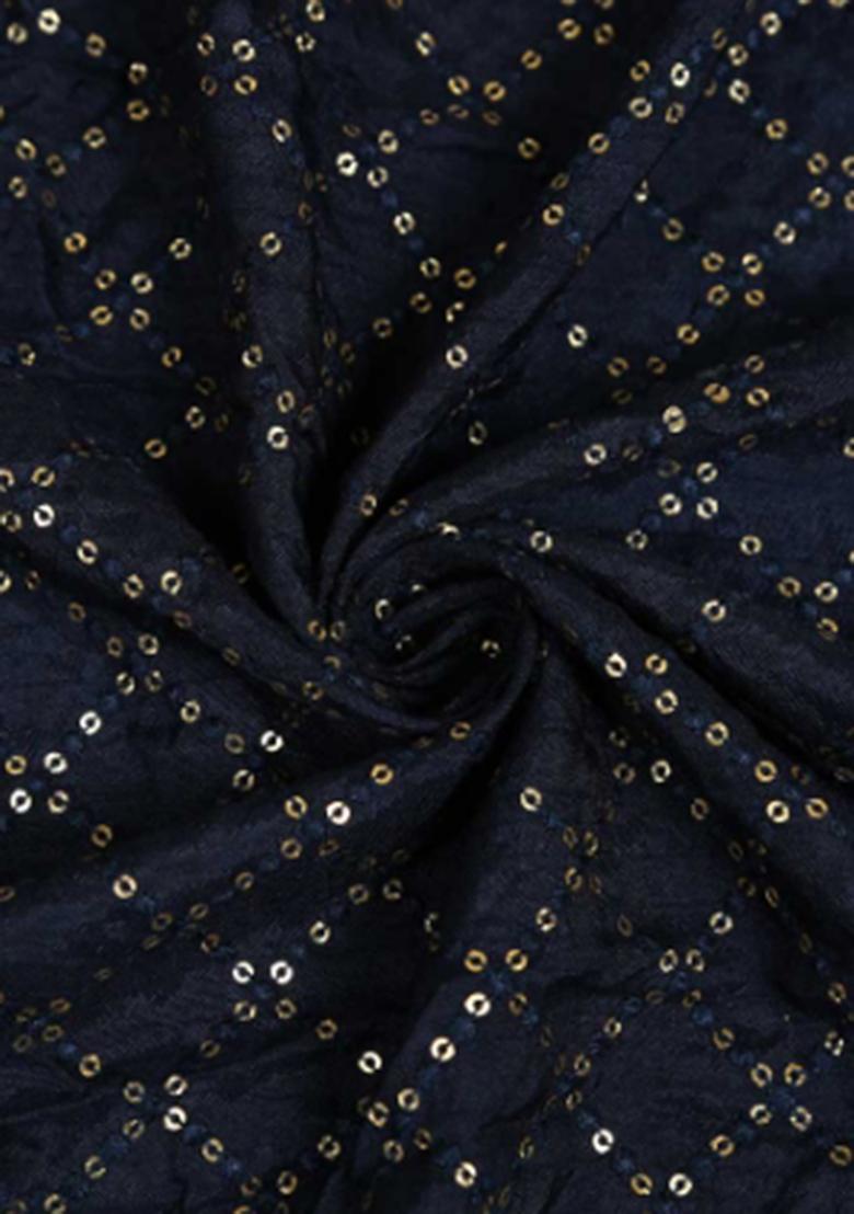 Navy Blue Embroidered Sequins Viscose Pre Draped Saree Set