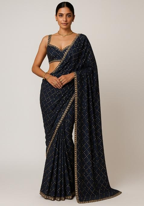 Navy Blue Embroidered Sequins Viscose Pre Draped Saree Set