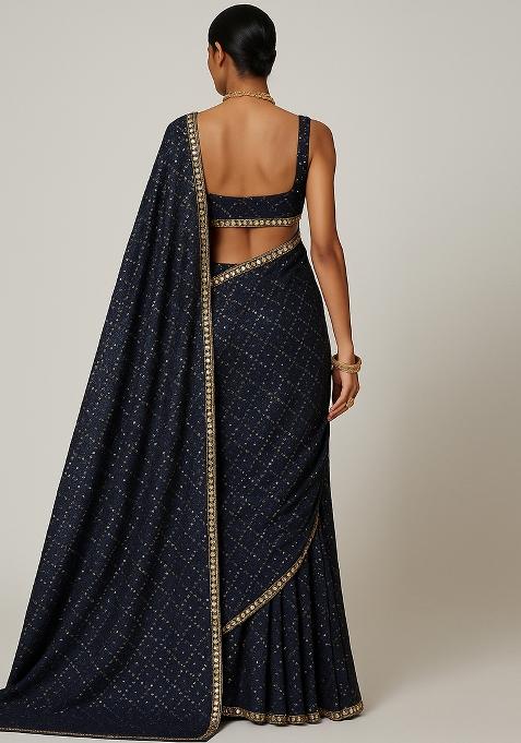 Navy Blue Embroidered Sequins Viscose Pre Draped Saree Set