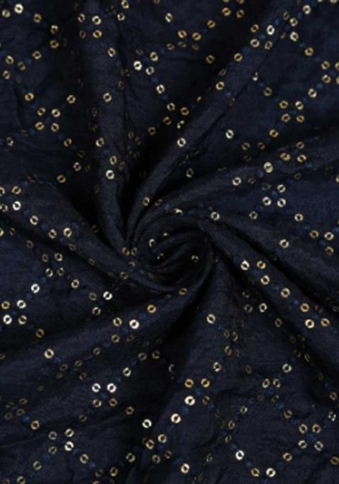 Navy Blue Embroidered Sequins Viscose Pre Draped Saree Set