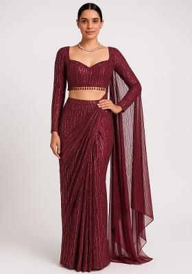 Maroon Embroidered Chiffon Pre Draped Saree Set