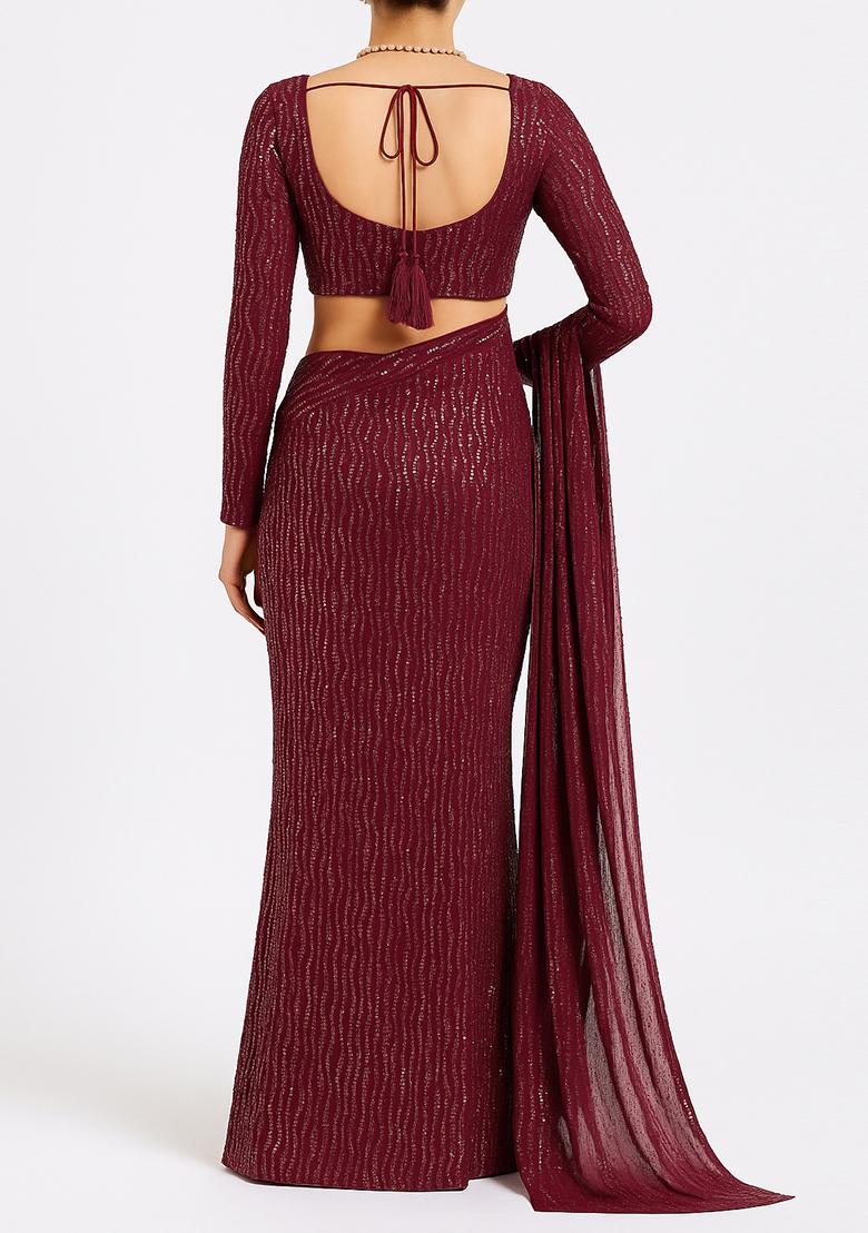 Maroon Embroidered Chiffon Pre Draped Saree Set