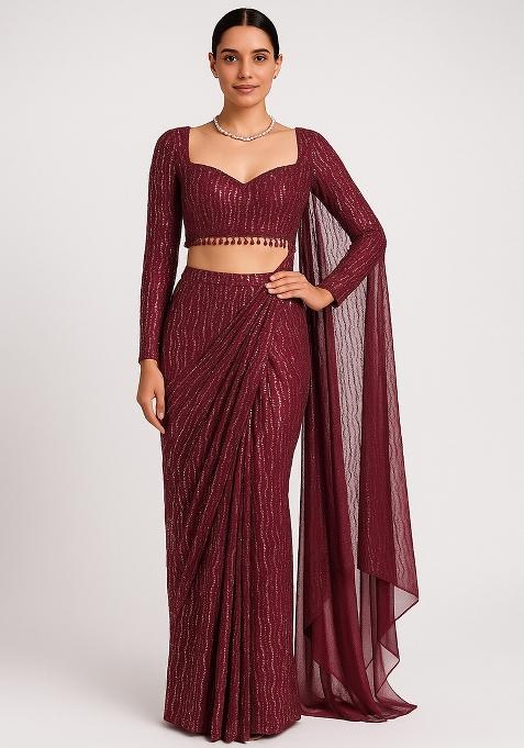 Maroon Embroidered Chiffon Pre Draped Saree Set