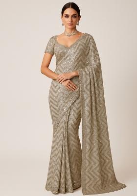 White Embroidered Georgette Pre Draped Saree Set