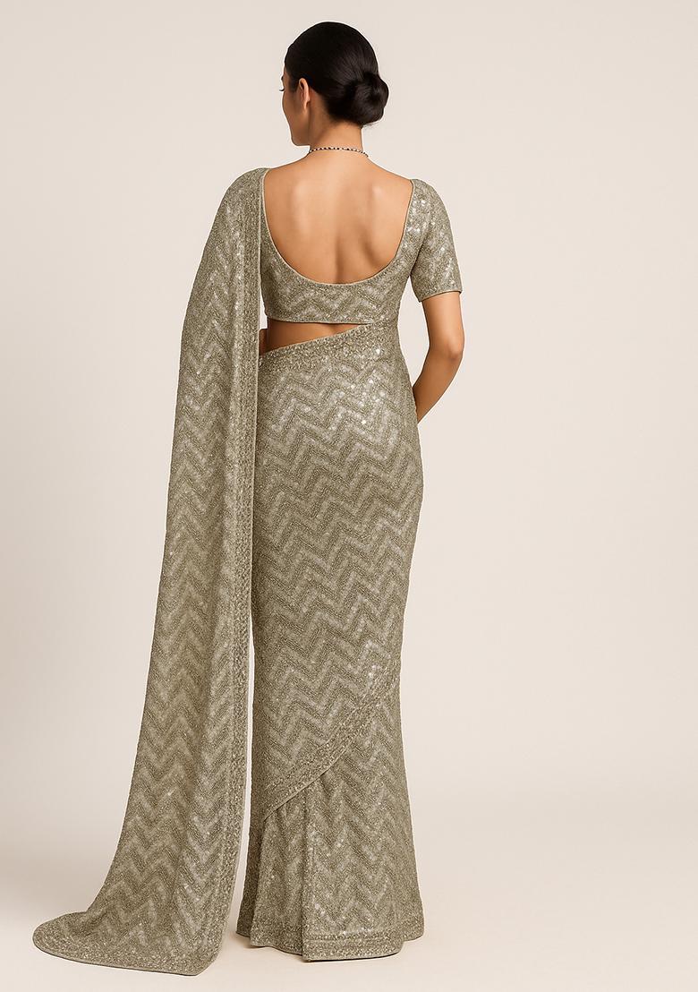 White Embroidered Georgette Pre Draped Saree Set - Indya